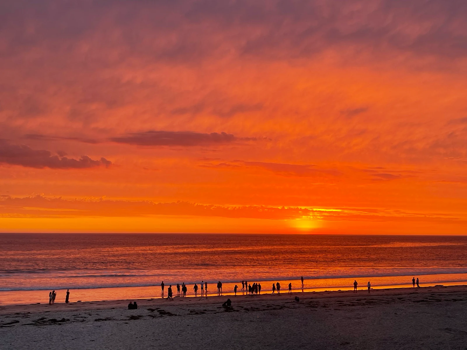 Golden sunset over the Pacific Ocean in San Diego, with people silhouetted along the beach and shoreline.